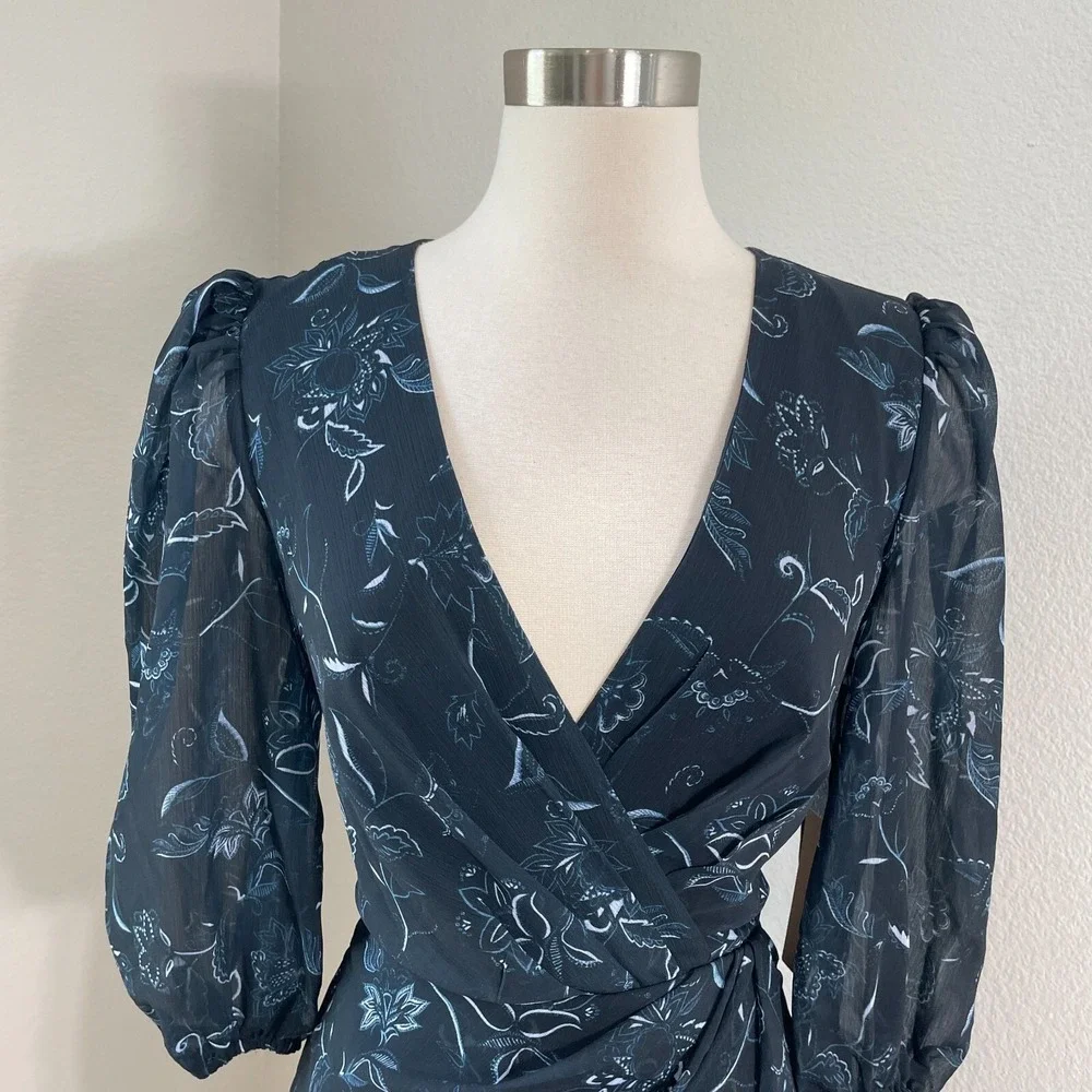 NEW $99 Halogen Womens Small Faux Wrap Floral Dress Chiffon In Bali Black‎